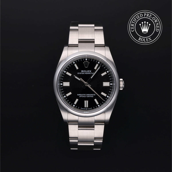 Rolex Certified Pre-owned Oyster Perpetual M126000-0002 front on black background