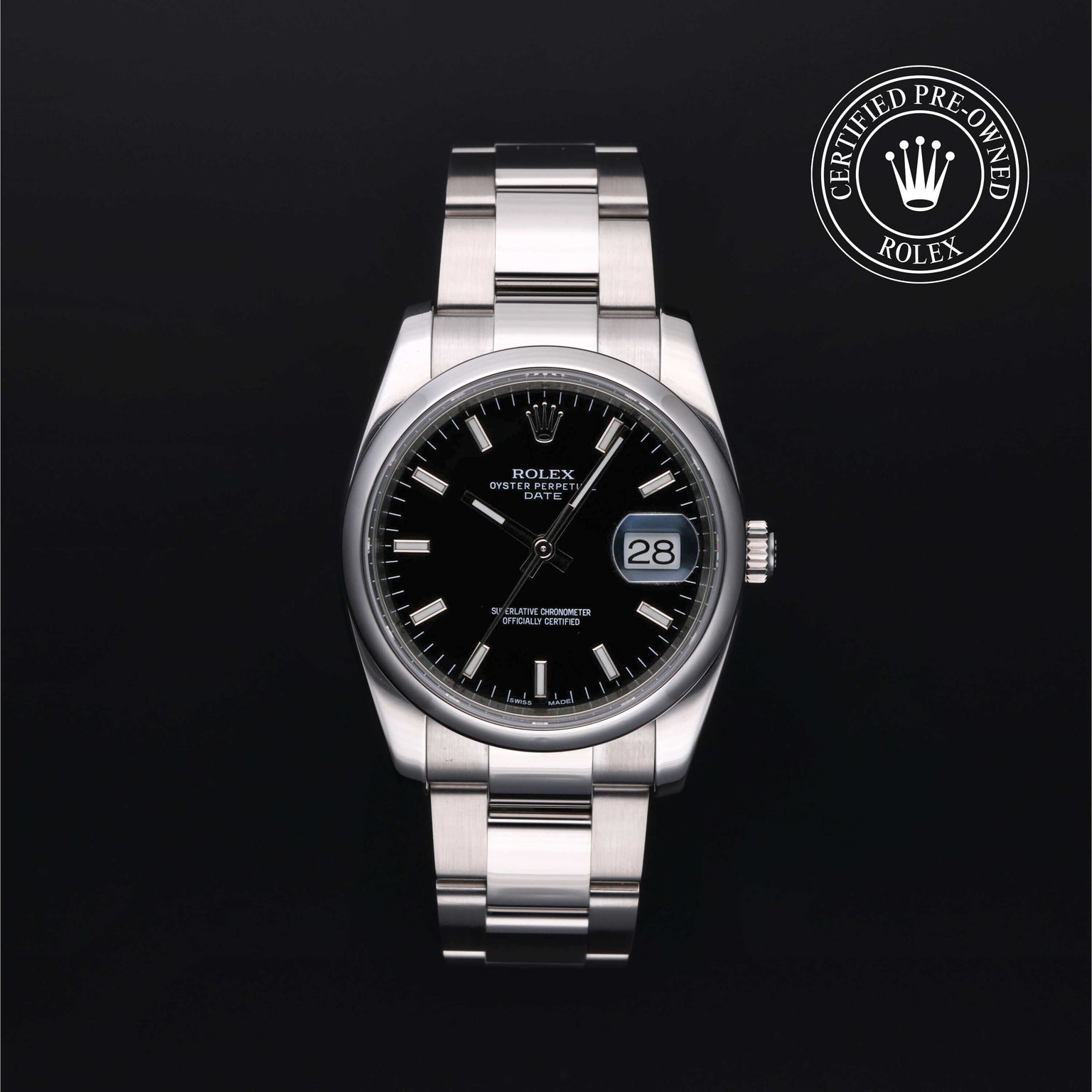 Rolex Certified Pre-owned Date M115200-0004 front on black background