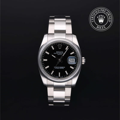 Rolex Certified Pre-owned Date M115200-0004 front on black background