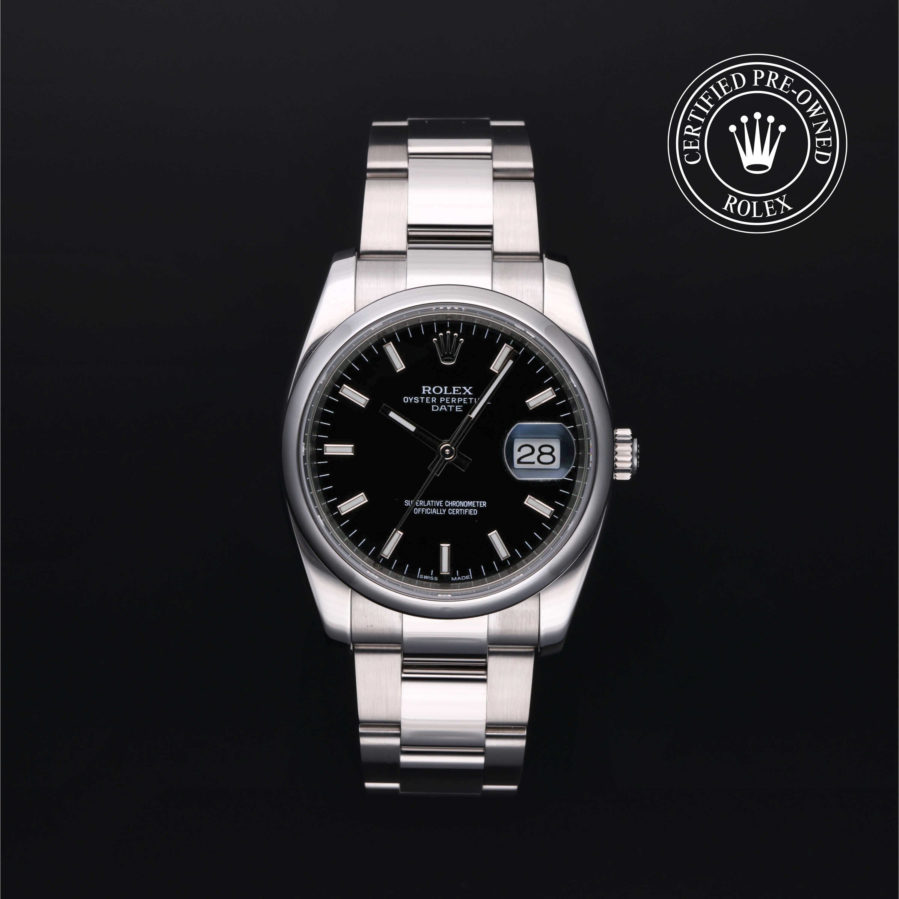 Rolex Certified Pre-owned Date M115200-0004 front on black background