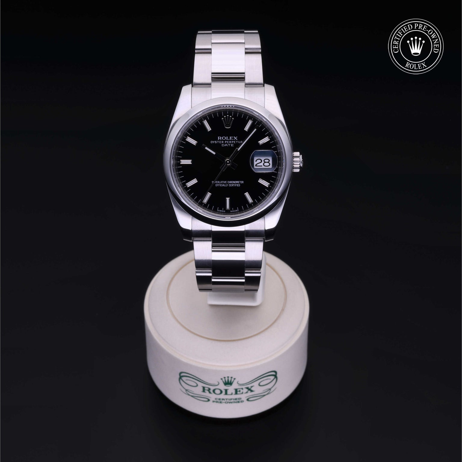 Rolex Certified Pre-owned Date M115200-0004 front on black background