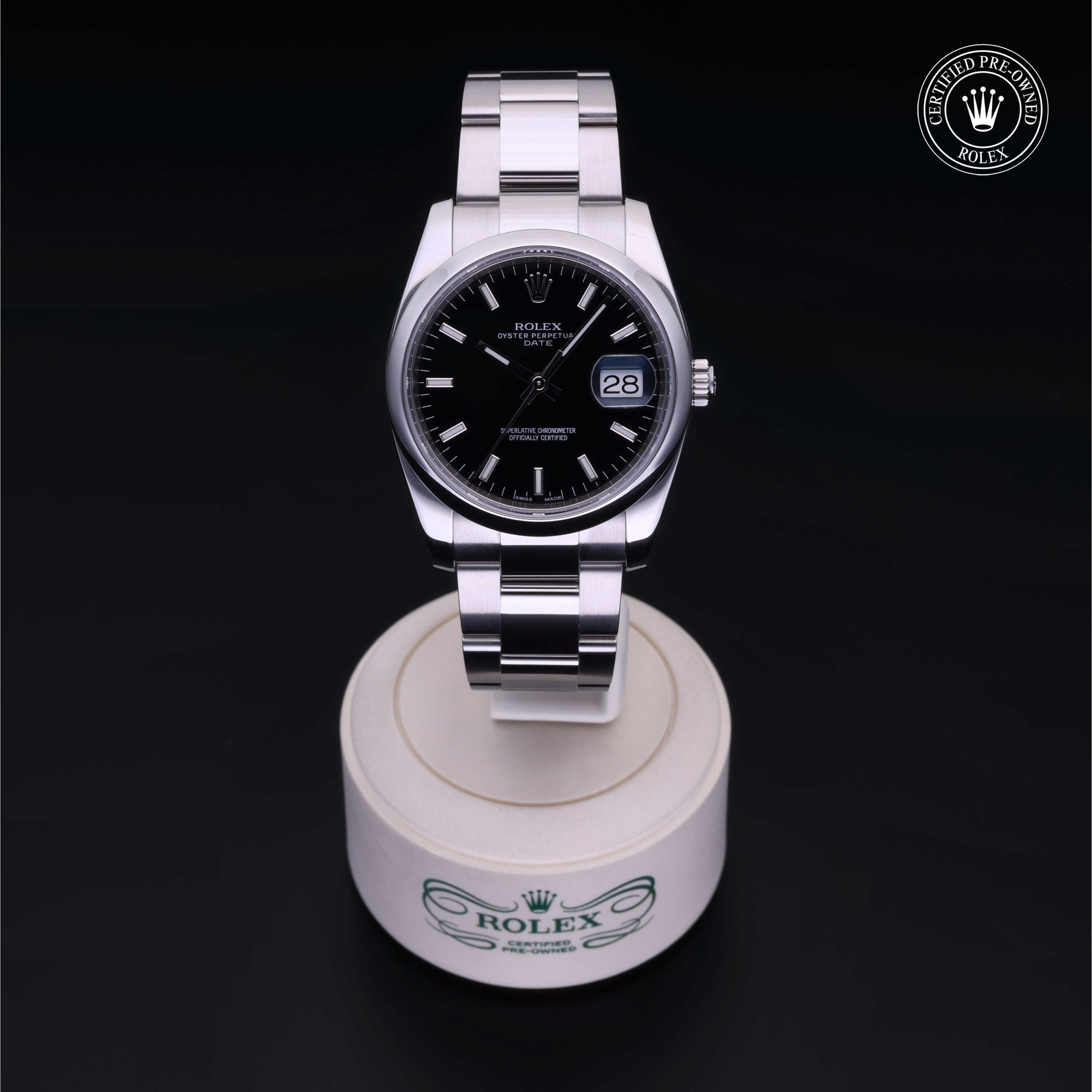 Rolex Certified Pre-owned Date M115200-0004 front on black background