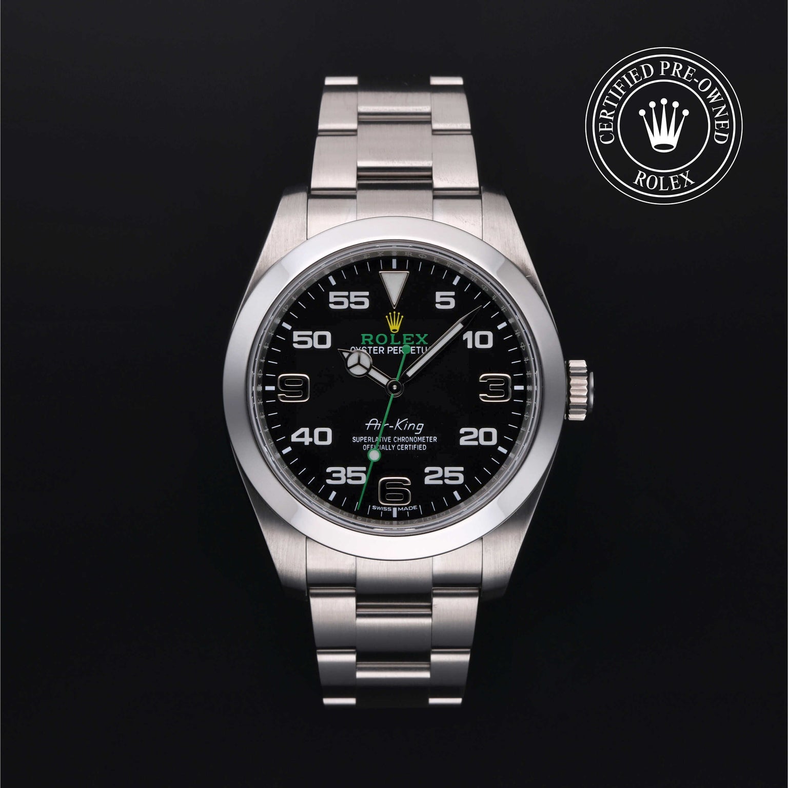 Rolex Certified Pre-owned Air-King M116900-0001 front on black background