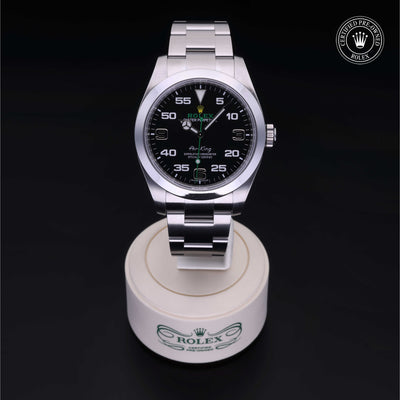 Rolex Certified Pre-owned Air-King M116900-0001 front on black background