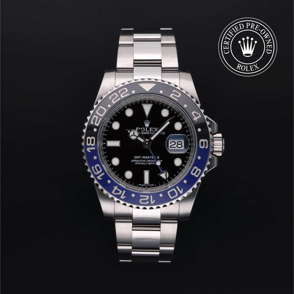 Rolex Certified Pre-owned GMT II M116710BLNR-0002 front on black background