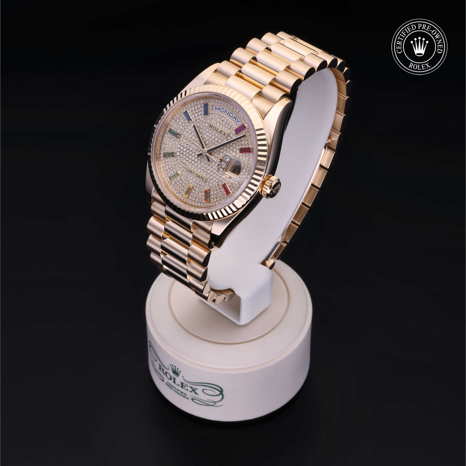 Rolex Certified Pre-owned Day-date M128238-0051 front on black background