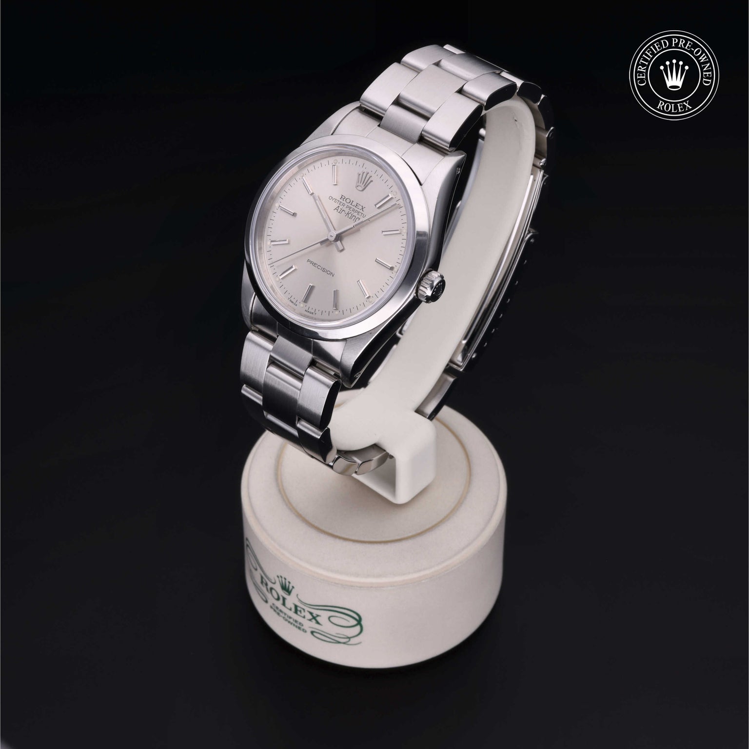 Rolex Certified Pre-owned Air-King M14000-0001 front on black background