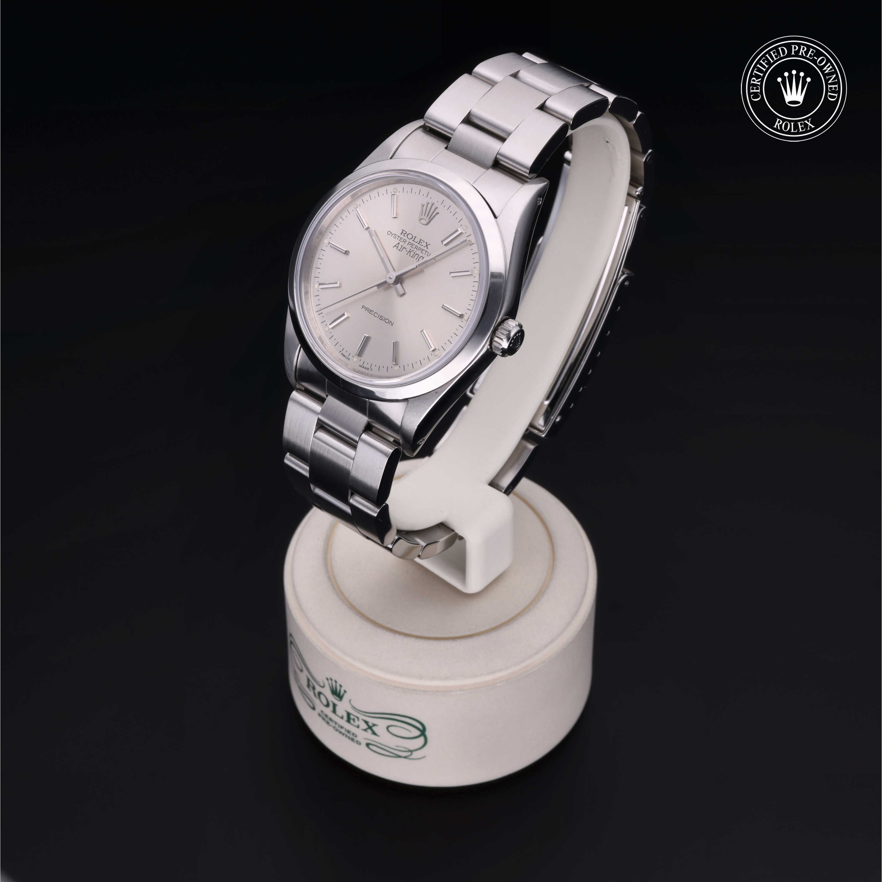 Rolex Certified Pre-owned Air-King M14000-0001 front on black background