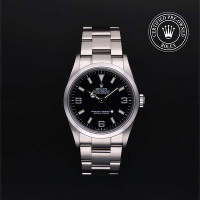 Rolex Certified Pre-owned Explorer M114270-0002 front on black background