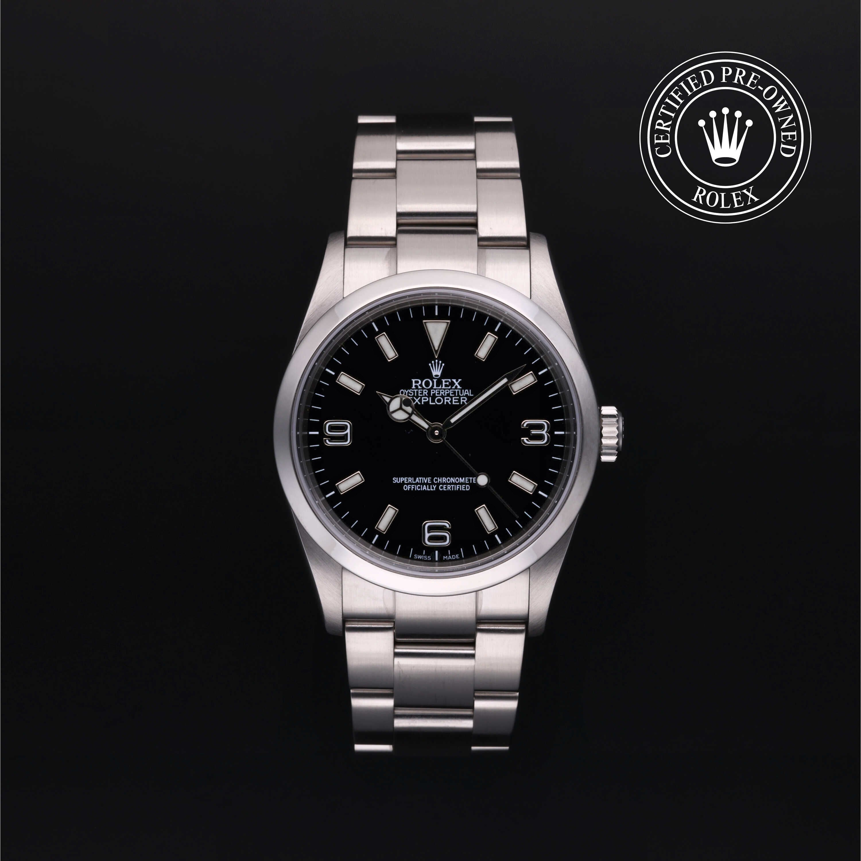 Rolex Certified Pre-owned Explorer M114270-0002 front on black background