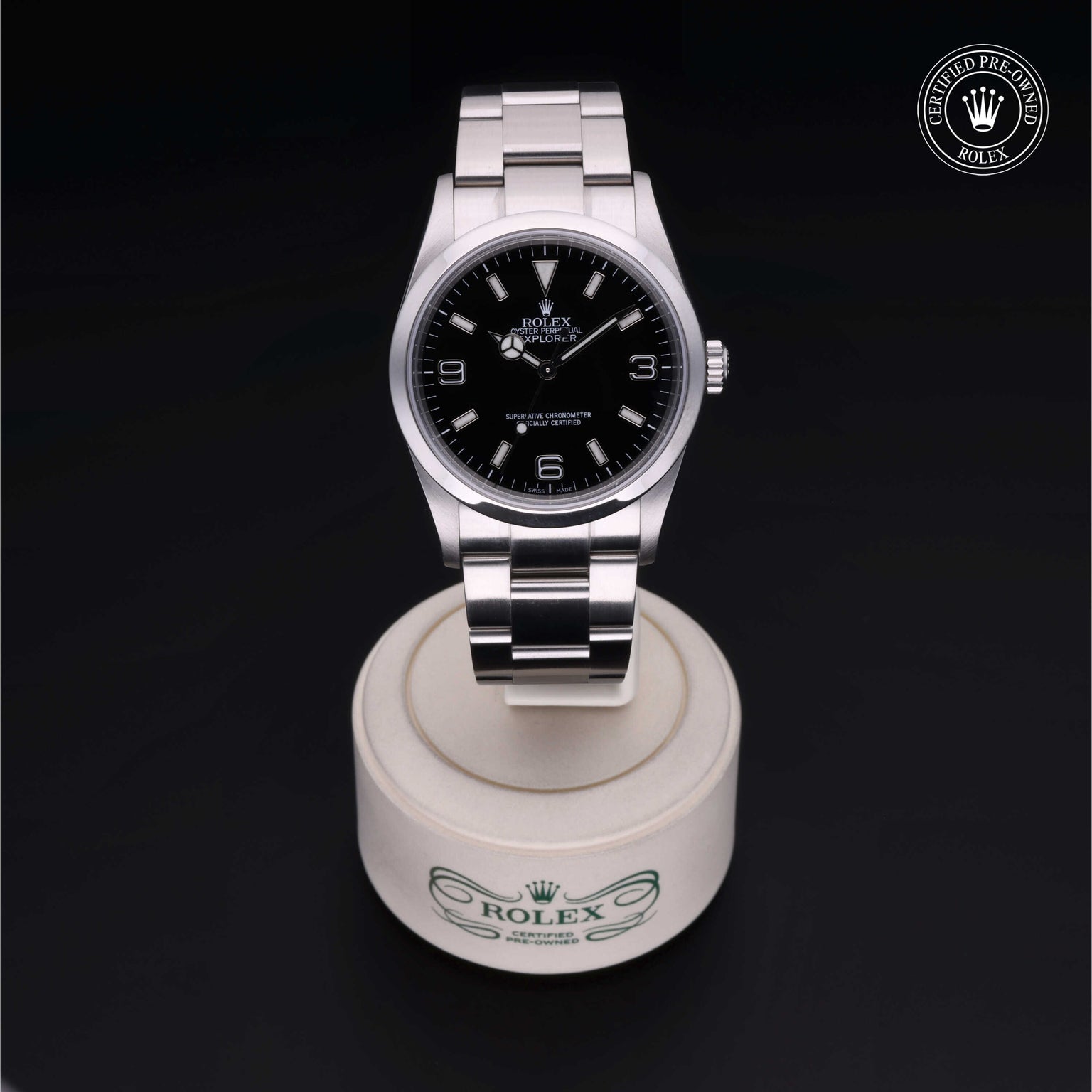 Rolex Certified Pre-owned Explorer M114270-0002 front on black background