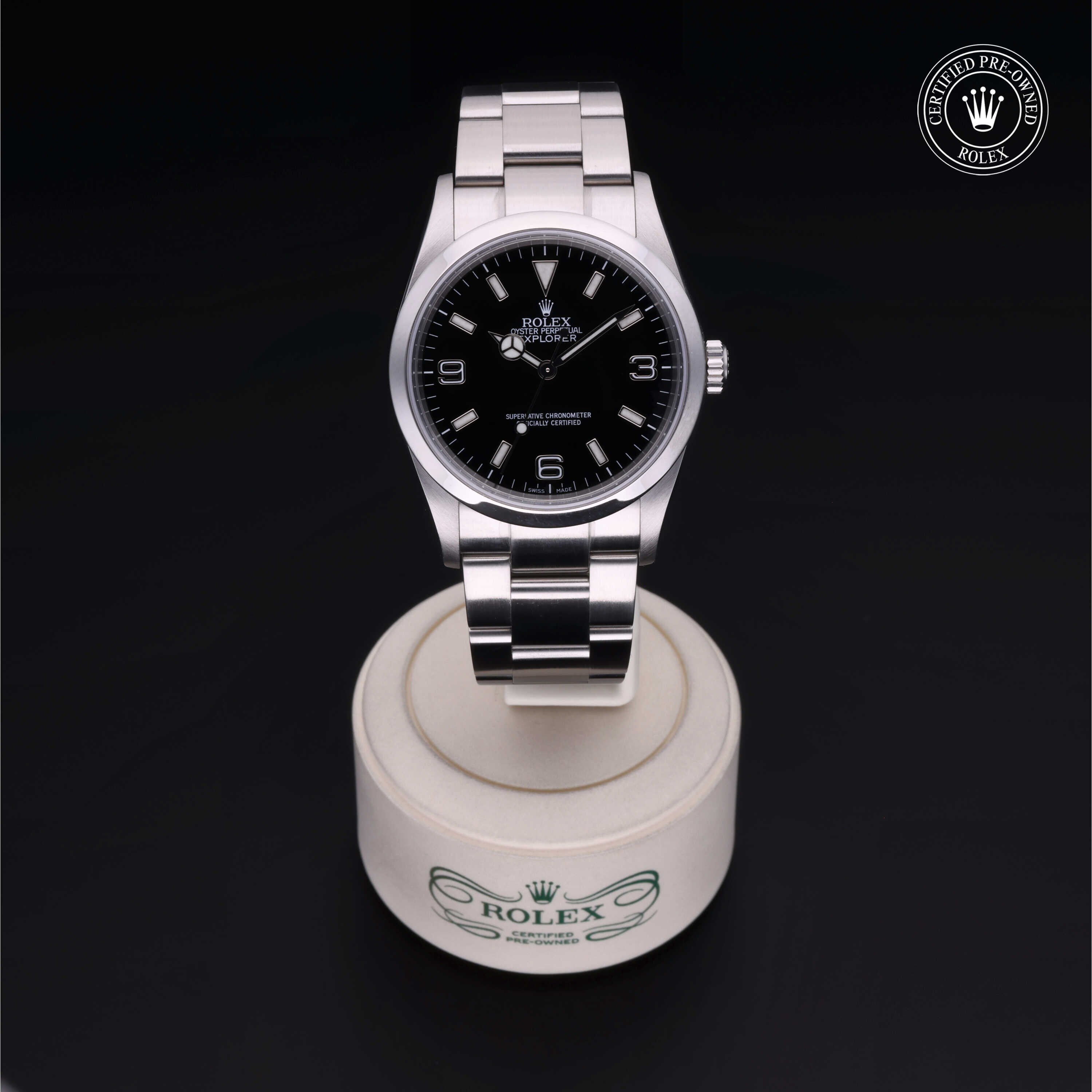 Rolex Certified Pre-owned Explorer M114270-0002 front on black background
