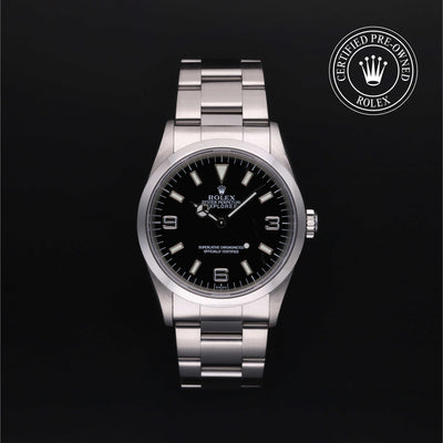 Rolex Certified Pre-owned Explorer M14270-0001 front on black background