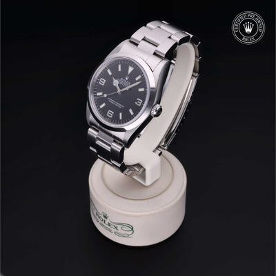 Rolex Certified Pre-owned Explorer M14270-0001 front on black background