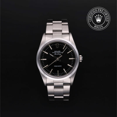 Rolex Certified Pre-owned Air-King M14000-0005 front on black background