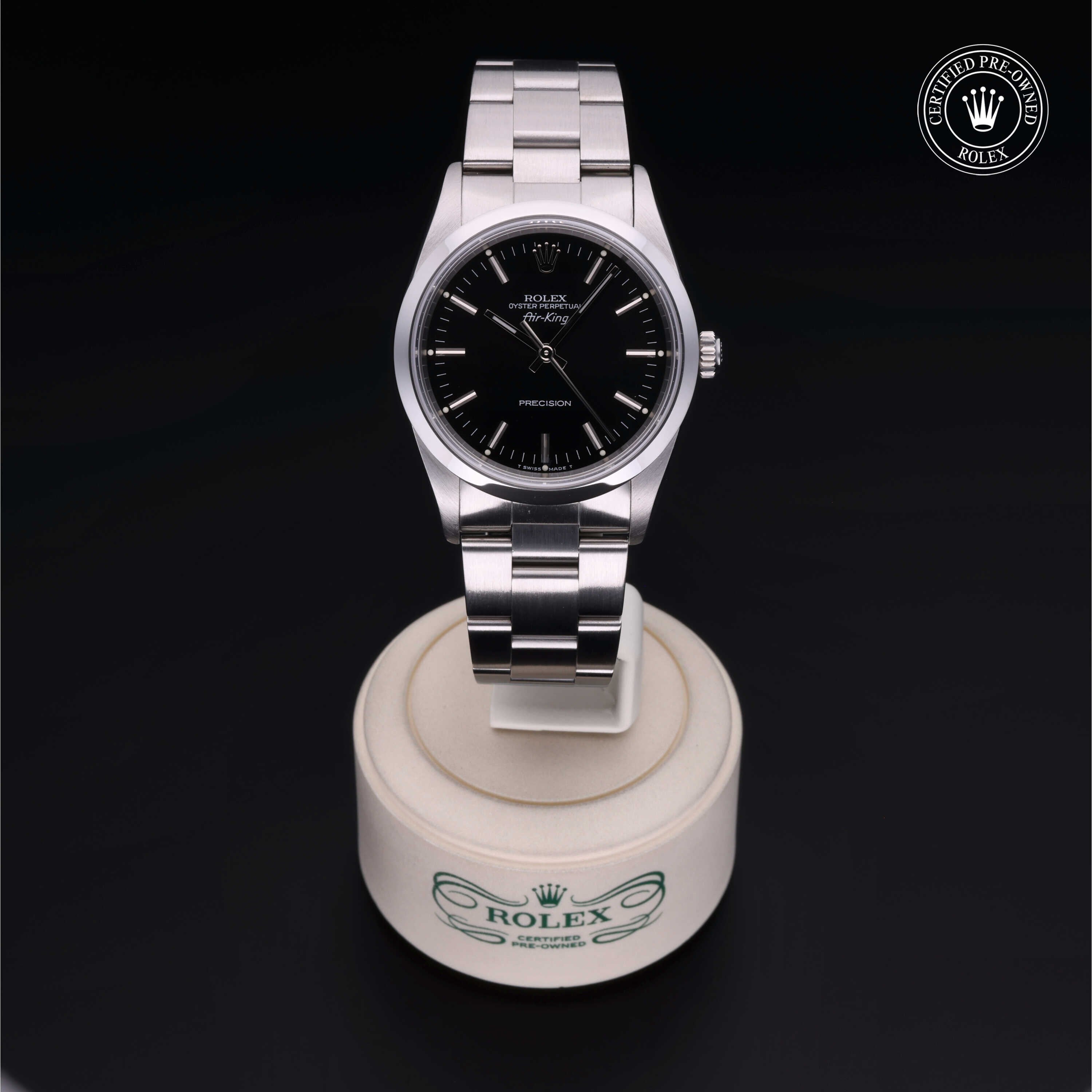 Rolex Certified Pre-owned Air-King M14000-0005 front on black background