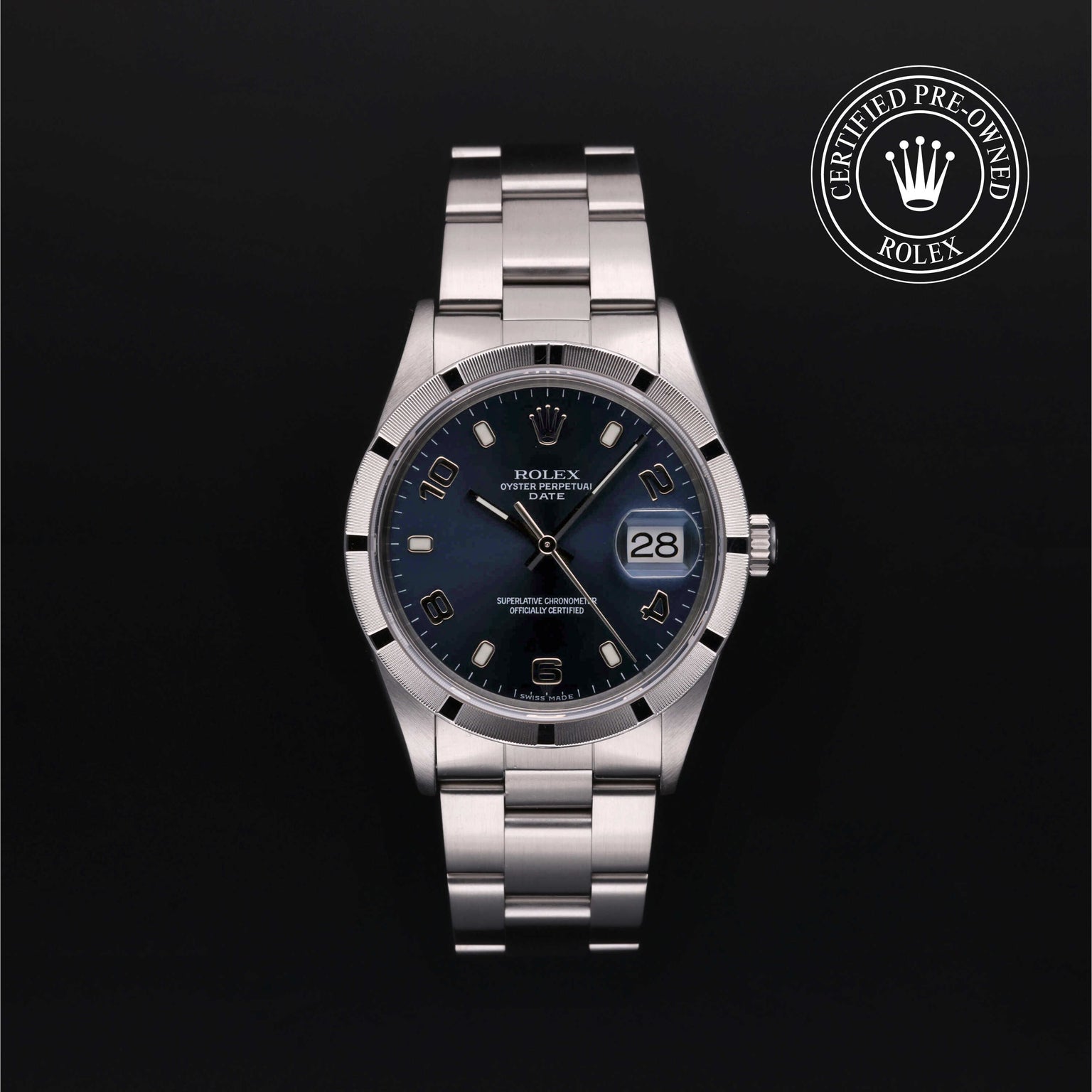 Rolex Certified Pre-owned Date M15210-0009 front on black background