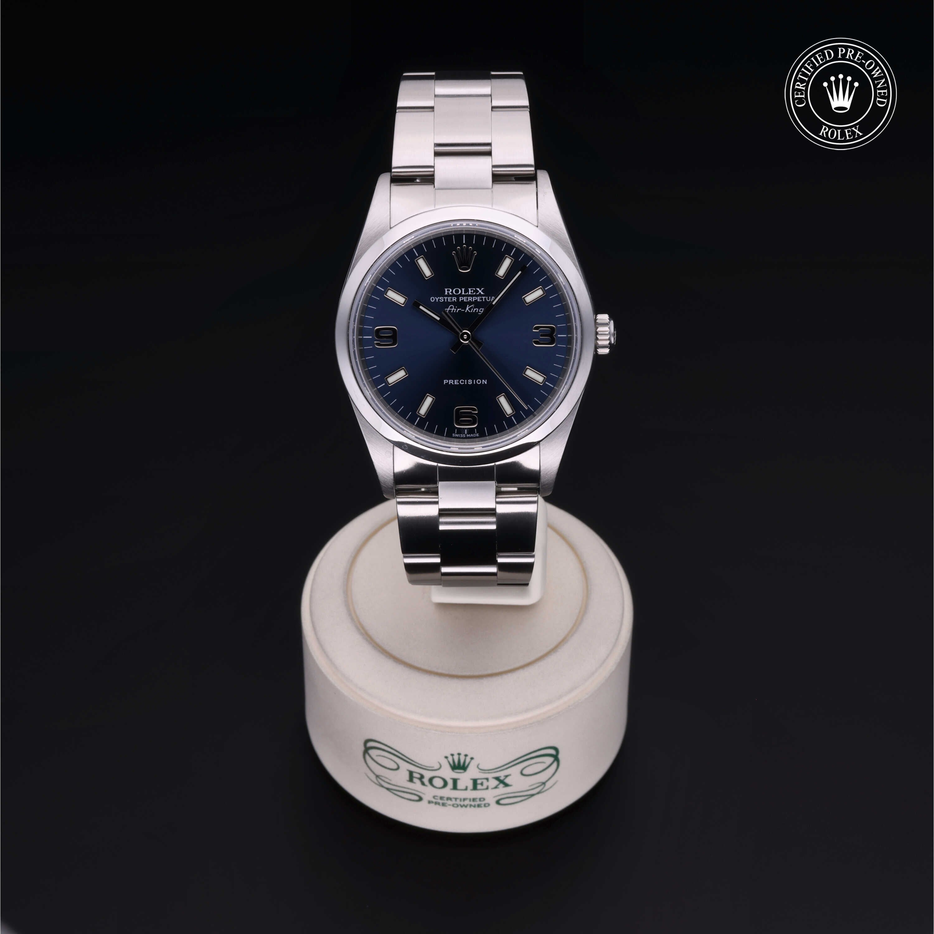 Rolex Certified Pre-owned Air-King M14000M-0010 front on black background