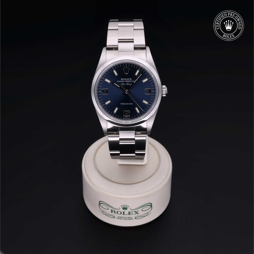 Rolex Certified Pre-owned Air-King M14000M-0010 front on black background