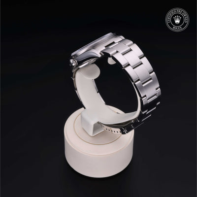 Rolex Certified Pre-owned Air-King M14010M-0012 front on black background