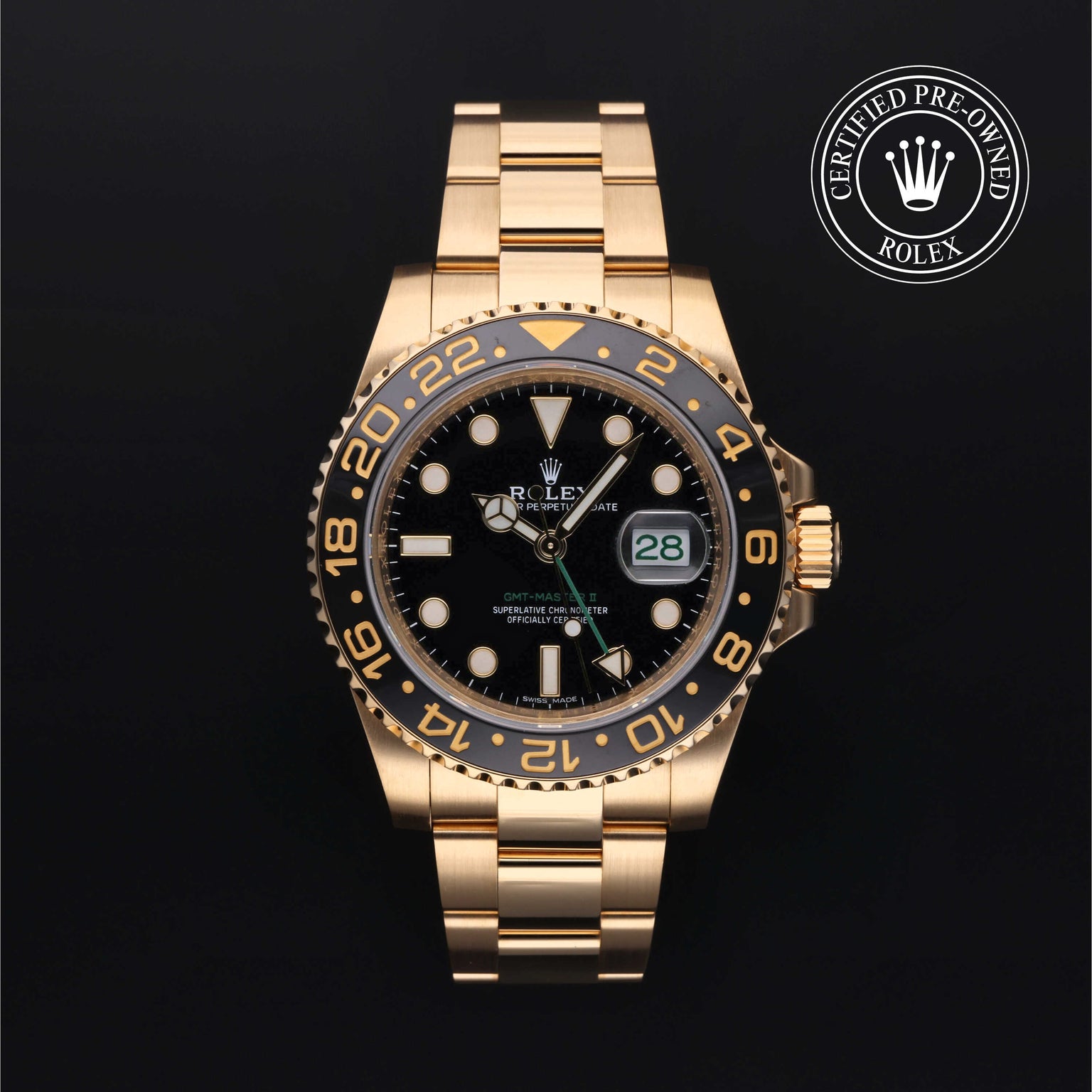 Rolex Certified Pre-owned GMT M116718LN-0001 front on black background