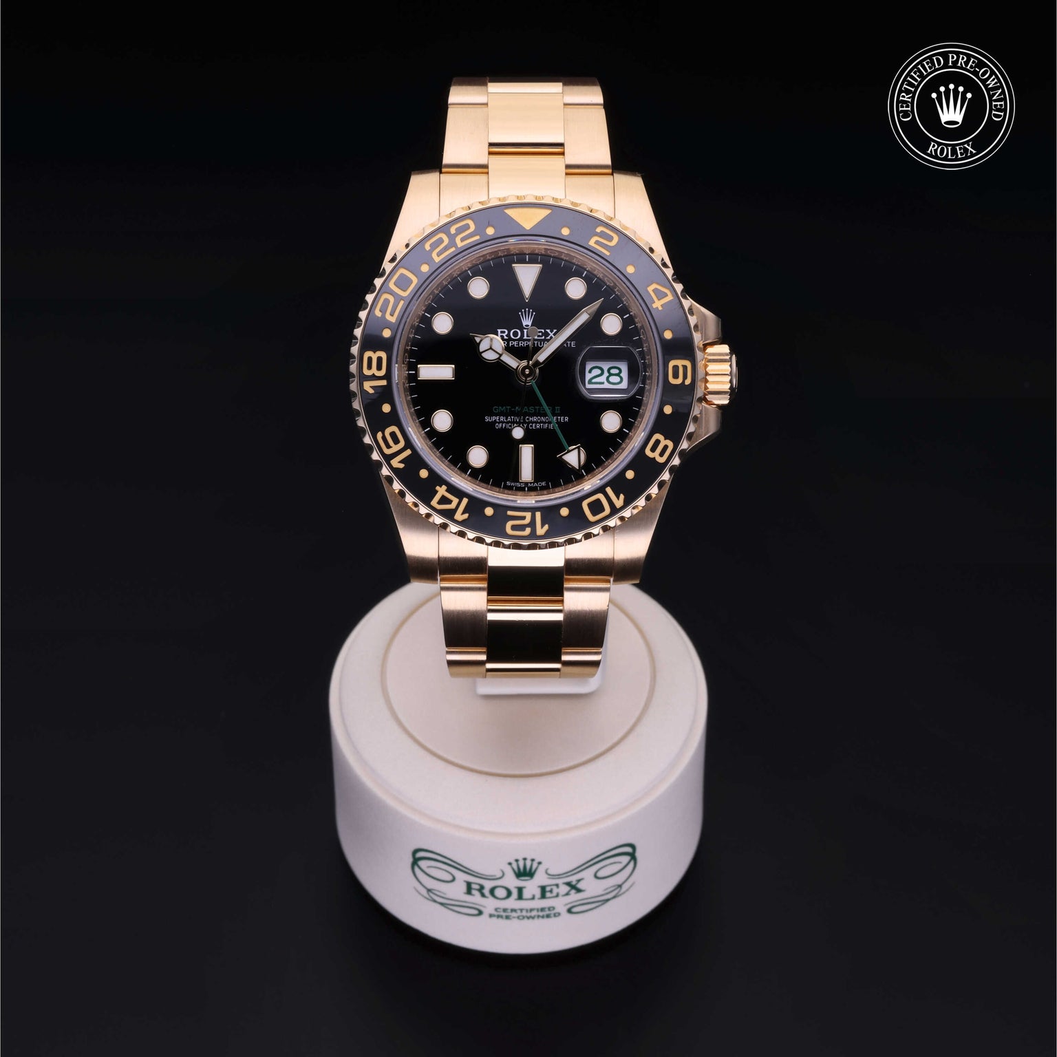 Rolex Certified Pre-owned GMT M116718LN-0001 front on black background