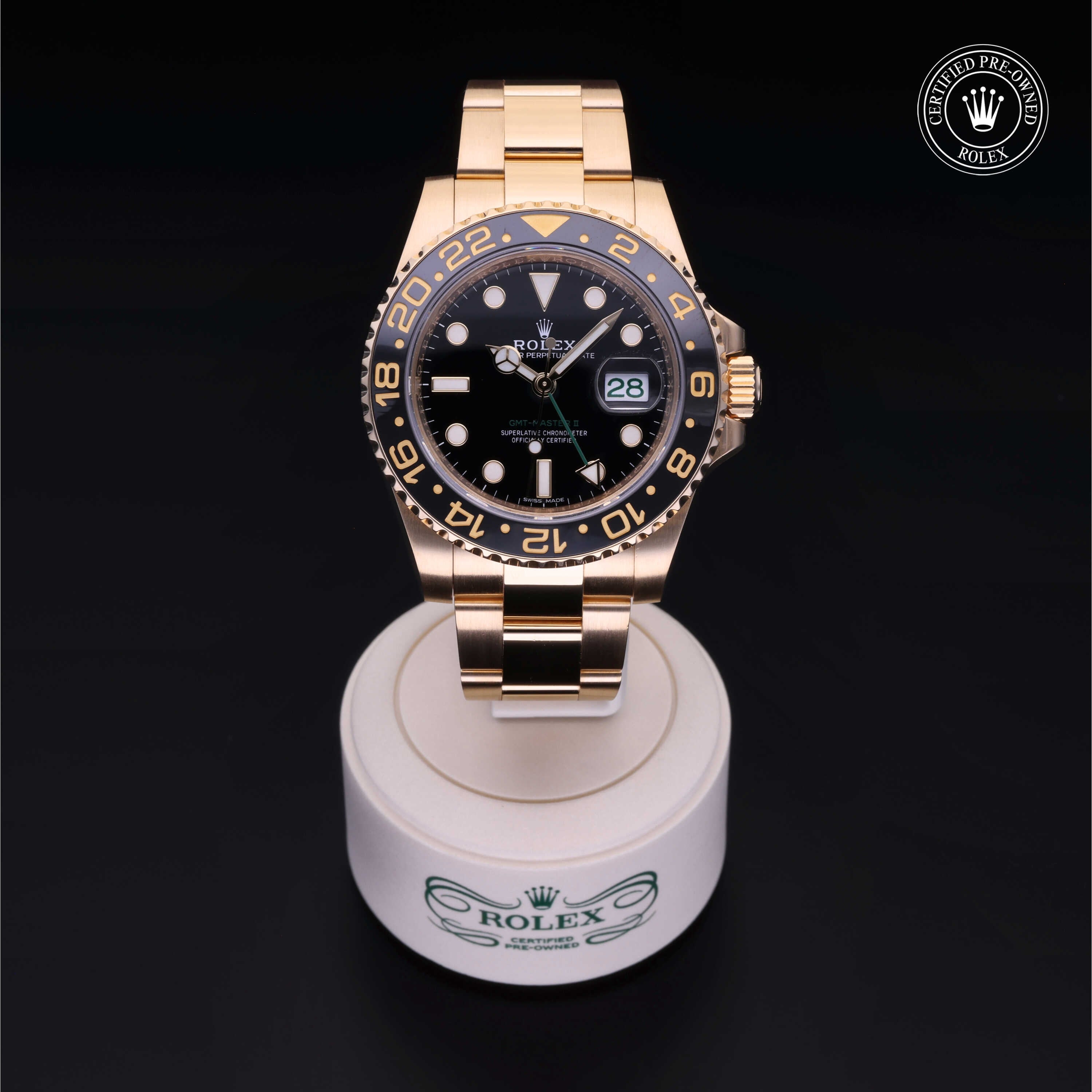 Rolex Certified Pre-owned GMT M116718LN-0001 front on black background