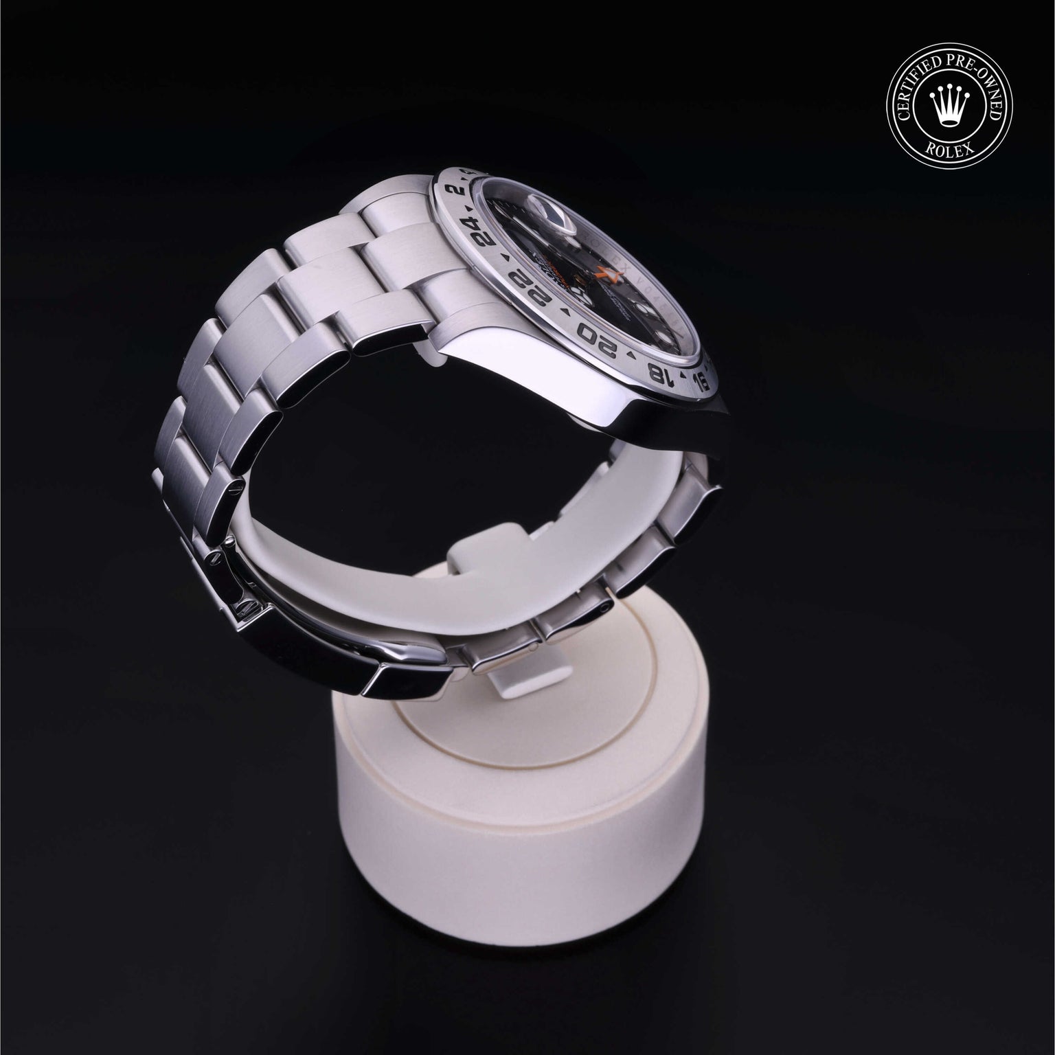Rolex Certified Pre-owned Explorer M216570-0002 front on black background