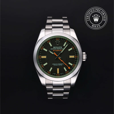 Rolex Certified Pre-owned Milgauss M116400GV-0001 front on black background