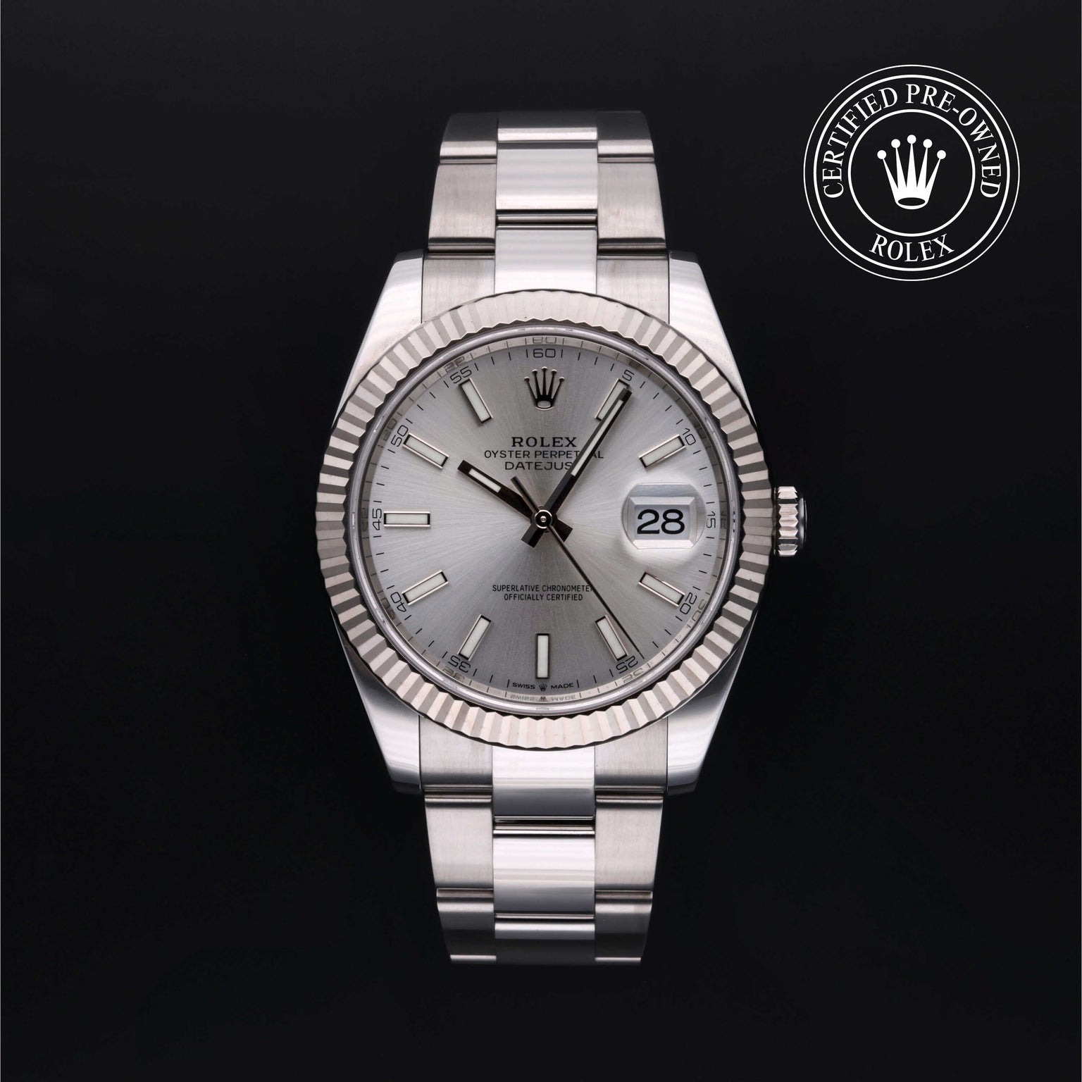 Rolex Certified Pre-owned Datejust M126334-0003 front on black background