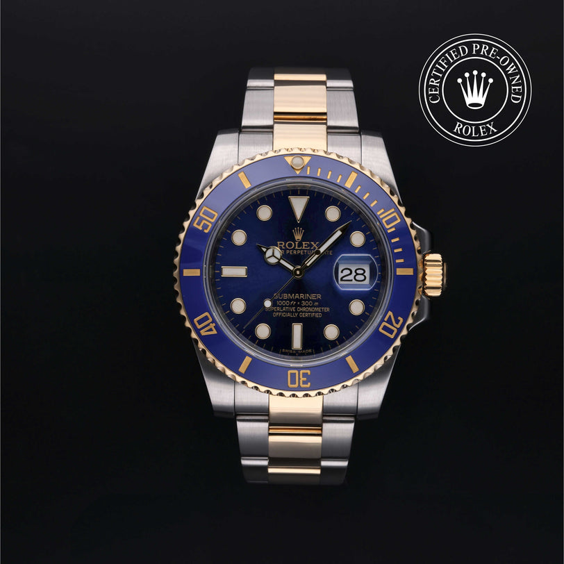 Rolex Certified Pre-owned Submariner M116613LB-0005 front on black background