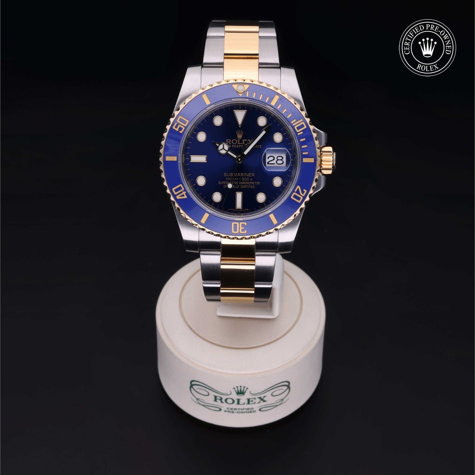 Rolex Certified Pre-owned Submariner M116613LB-0005 front on black background