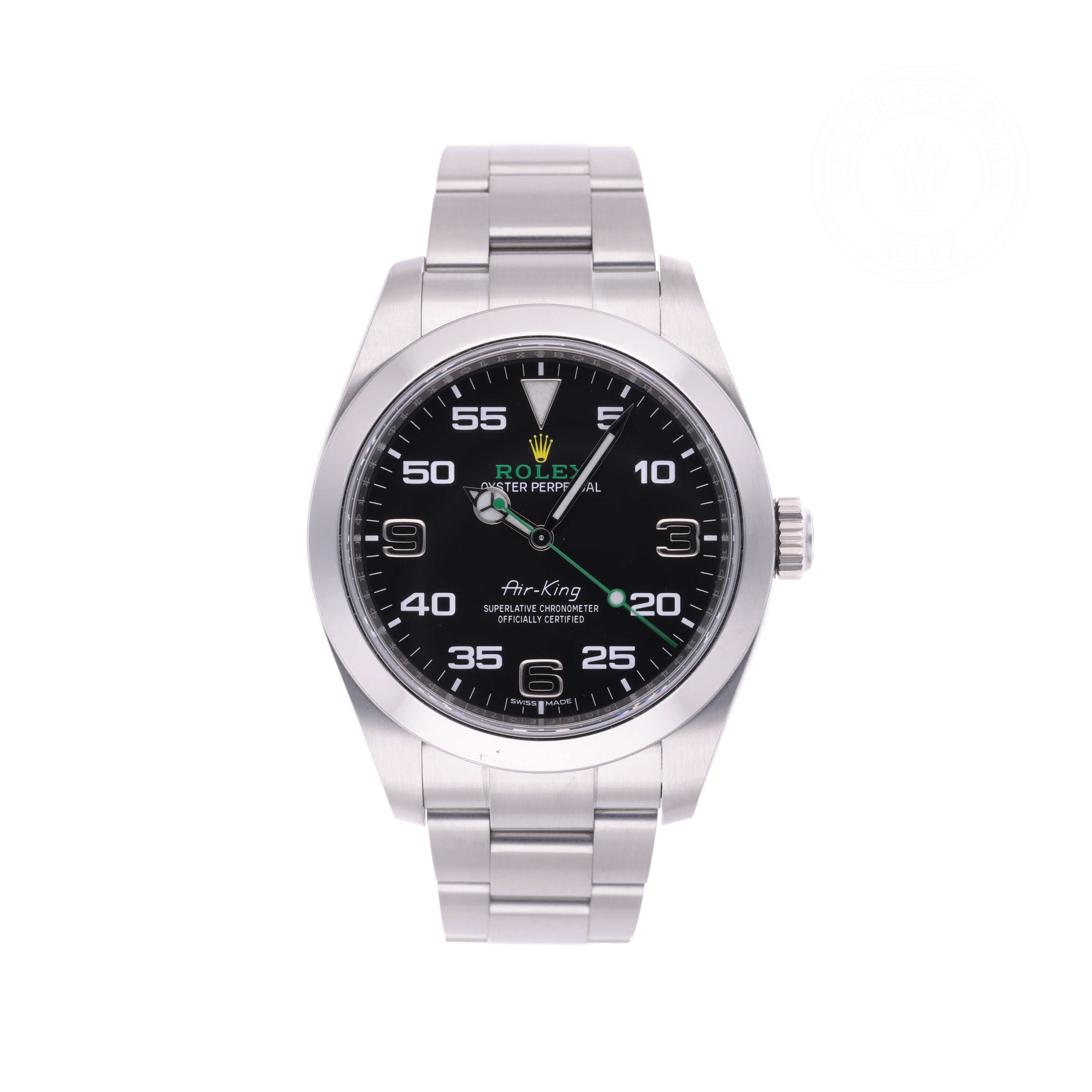 Rolex Certified Pre-owned Air-King M116900-0001 front on white background