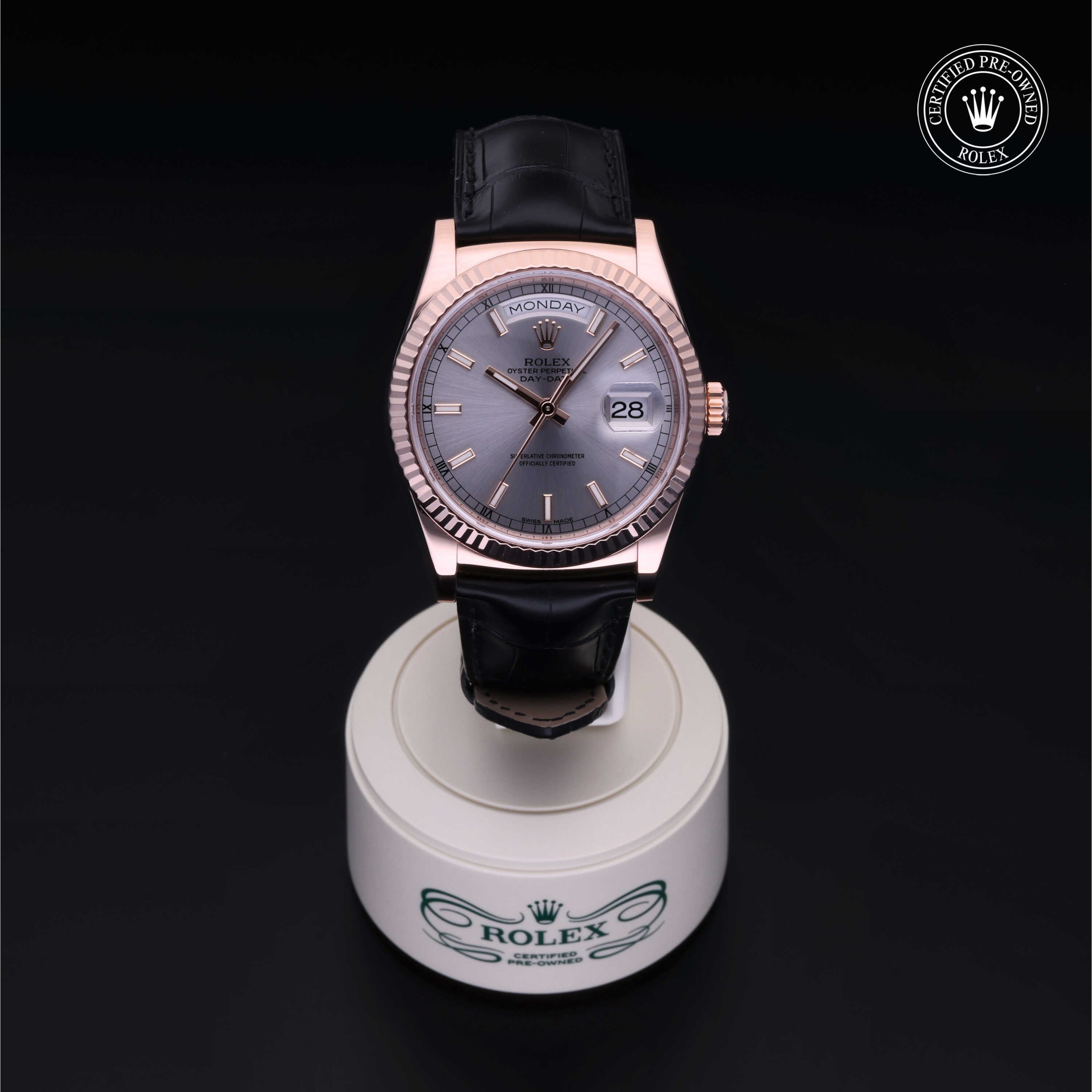 Rolex Certified Pre-owned Day-date M118135-0005 front on black background