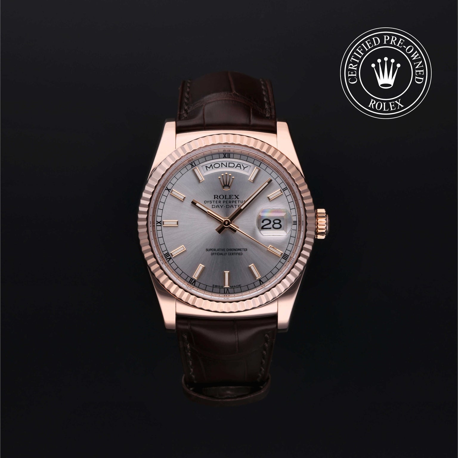 Rolex Certified Pre-owned Day-date M118135-0005 front on black background