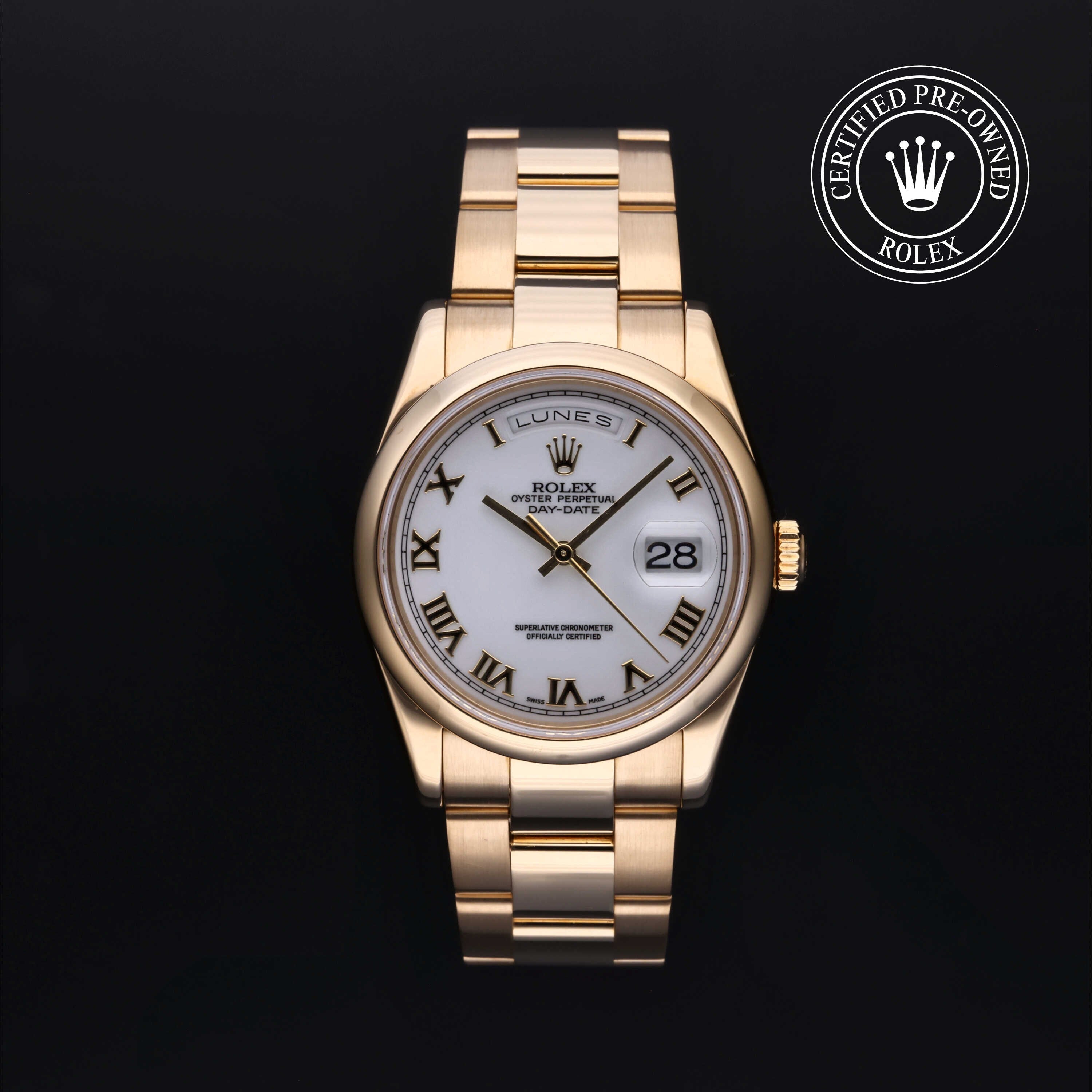 Rolex Certified Pre-owned Day-date M118208 front on black background