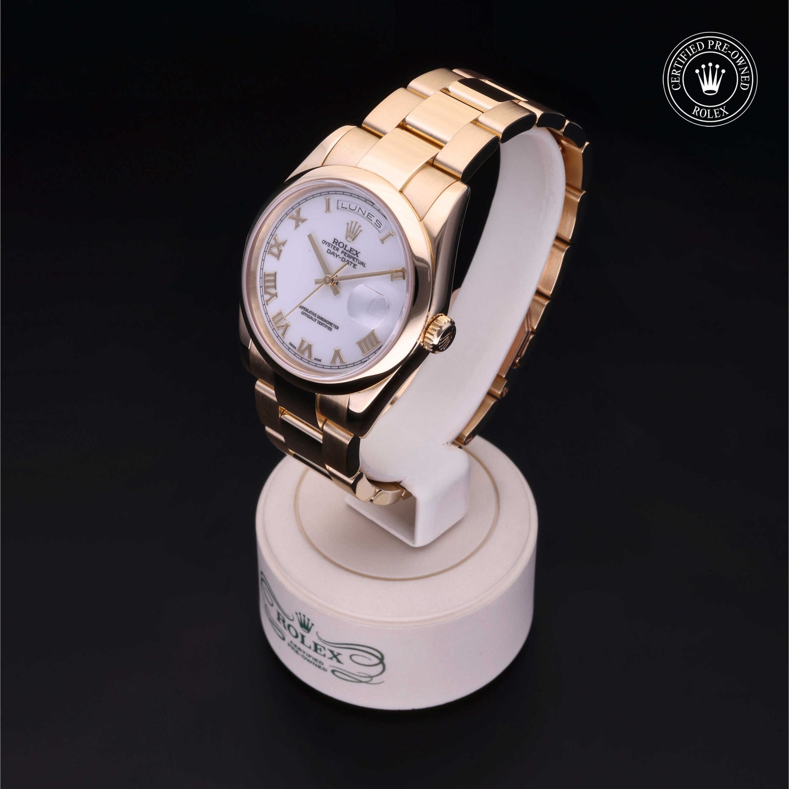 Rolex Certified Pre-owned Day-date M118208 front on black background