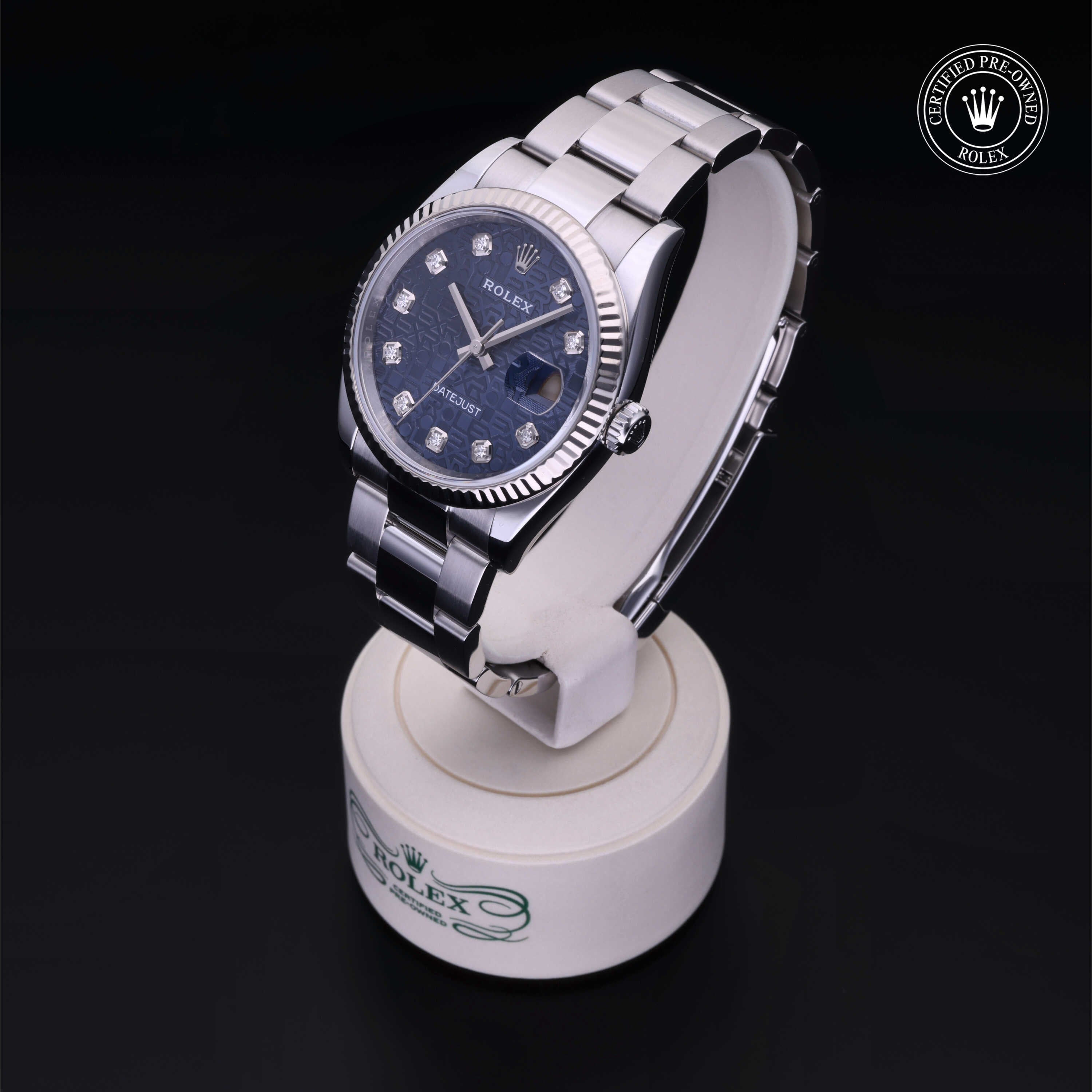 Rolex Certified Pre-owned Datejust M126234-0012 front on black background