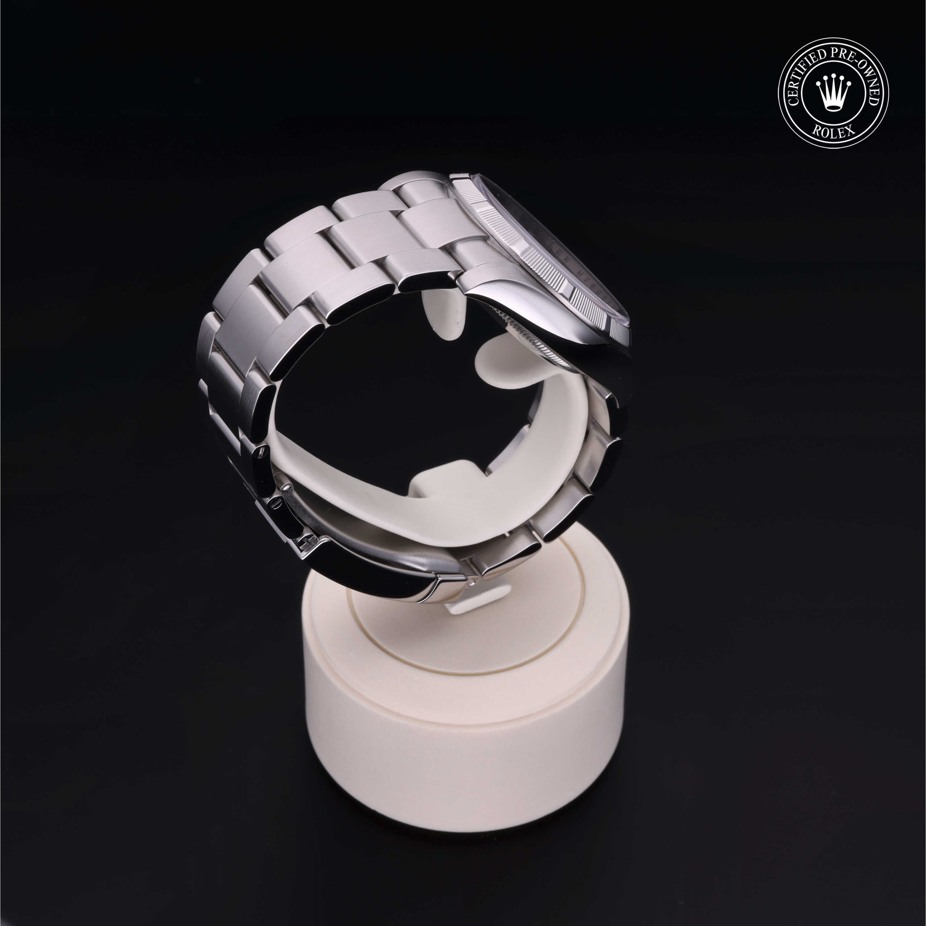 Rolex Certified Pre-owned Air-King M114210-0003 front on black background