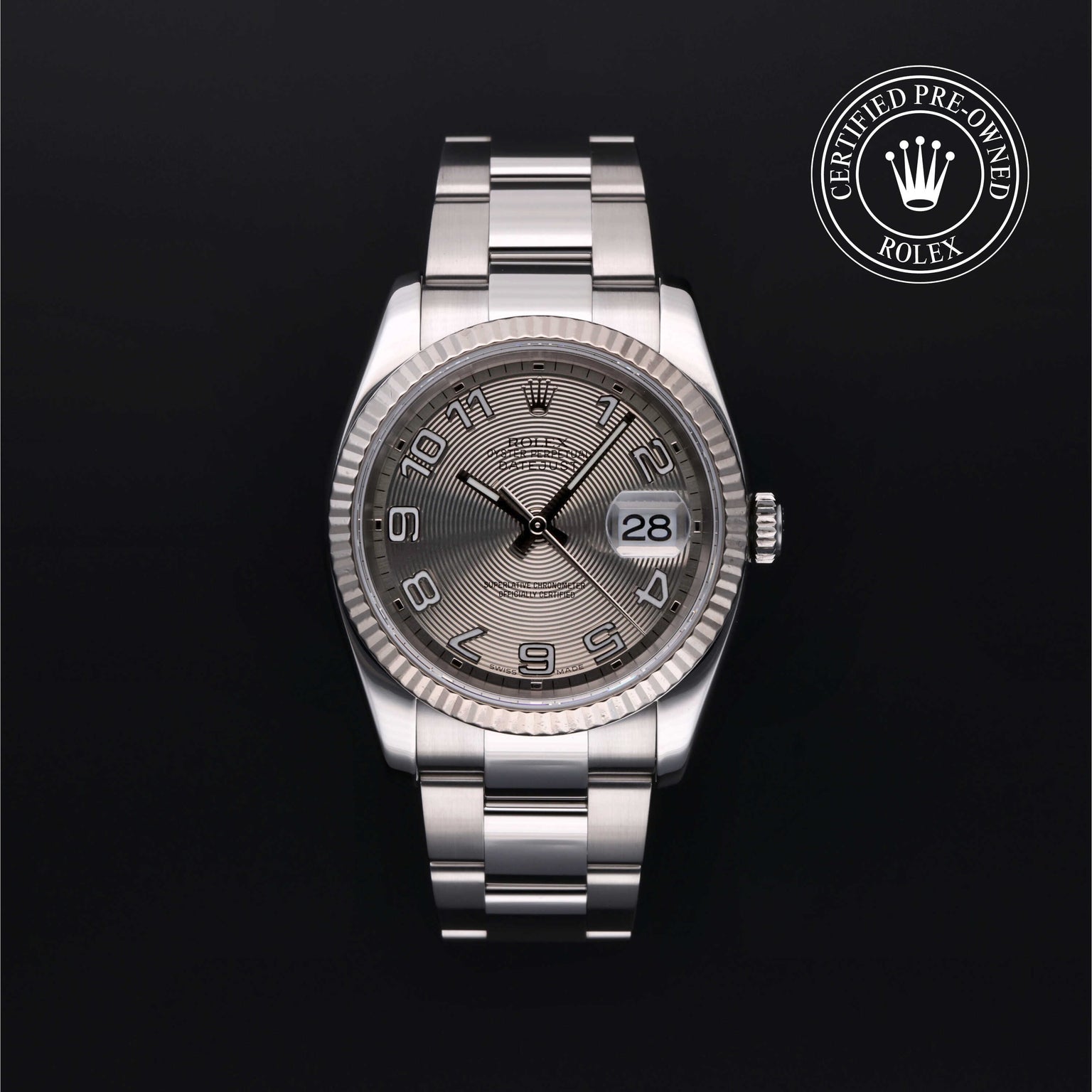 Rolex Certified Pre-owned Datejust M116234-0025 front on black background