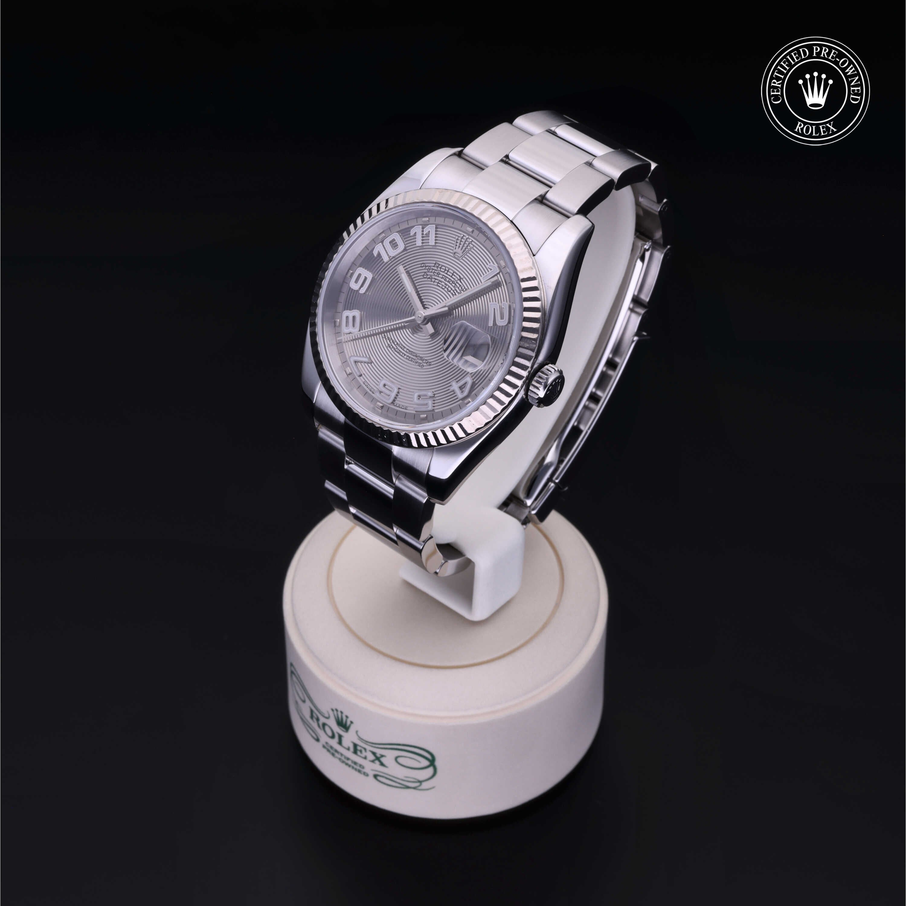 Rolex Certified Pre-owned Datejust M116234-0025 front on black background