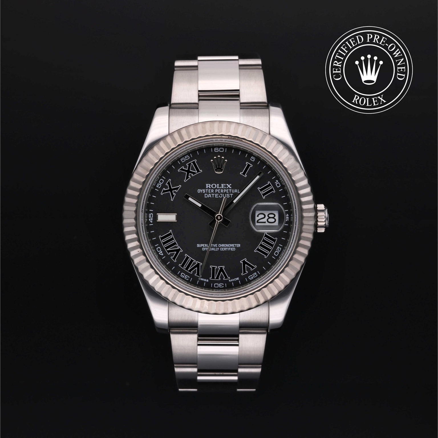 Rolex Certified Pre-owned Datejust M116334-0002 front on black background