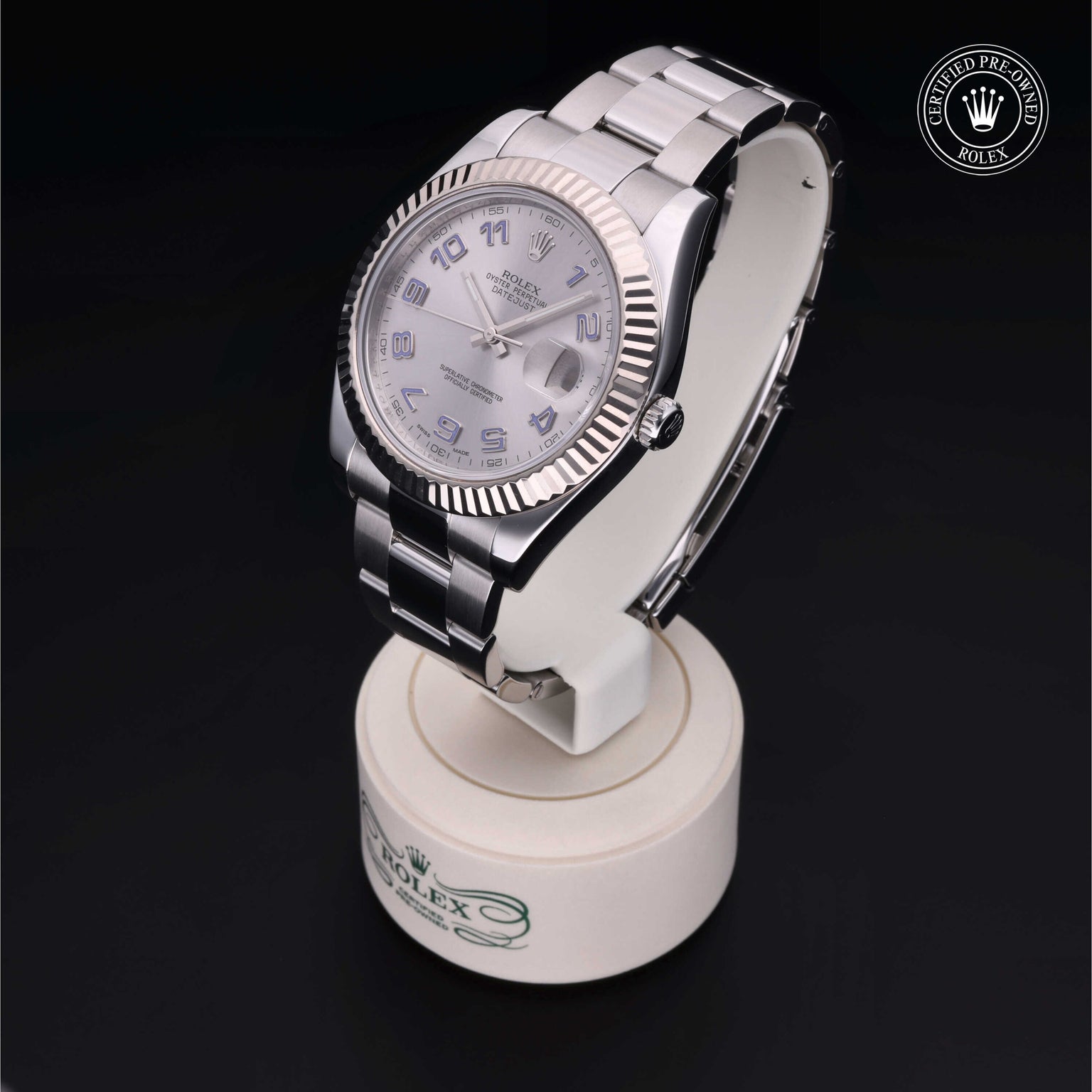 Rolex Certified Pre-owned Datejust M116334-0001 front on black background