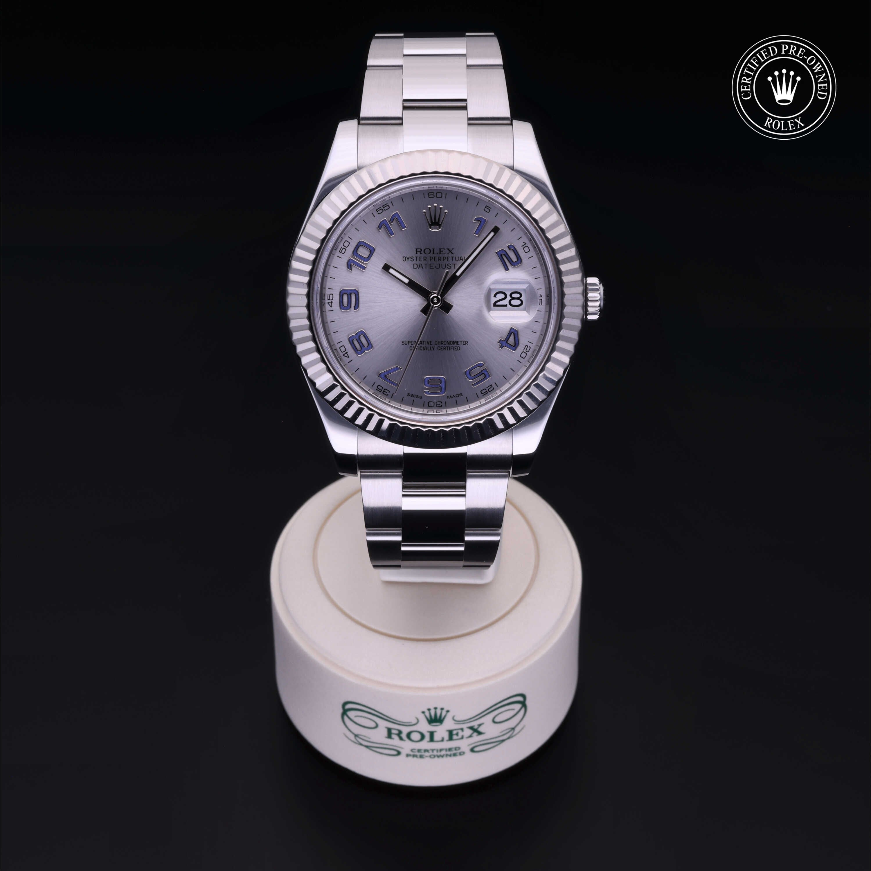 Rolex Certified Pre-owned Datejust M116334-0001 front on black background