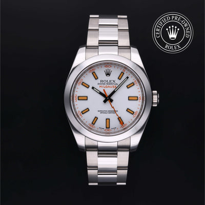 Rolex Certified Pre-owned Milgauss M116400-0002 front on black background