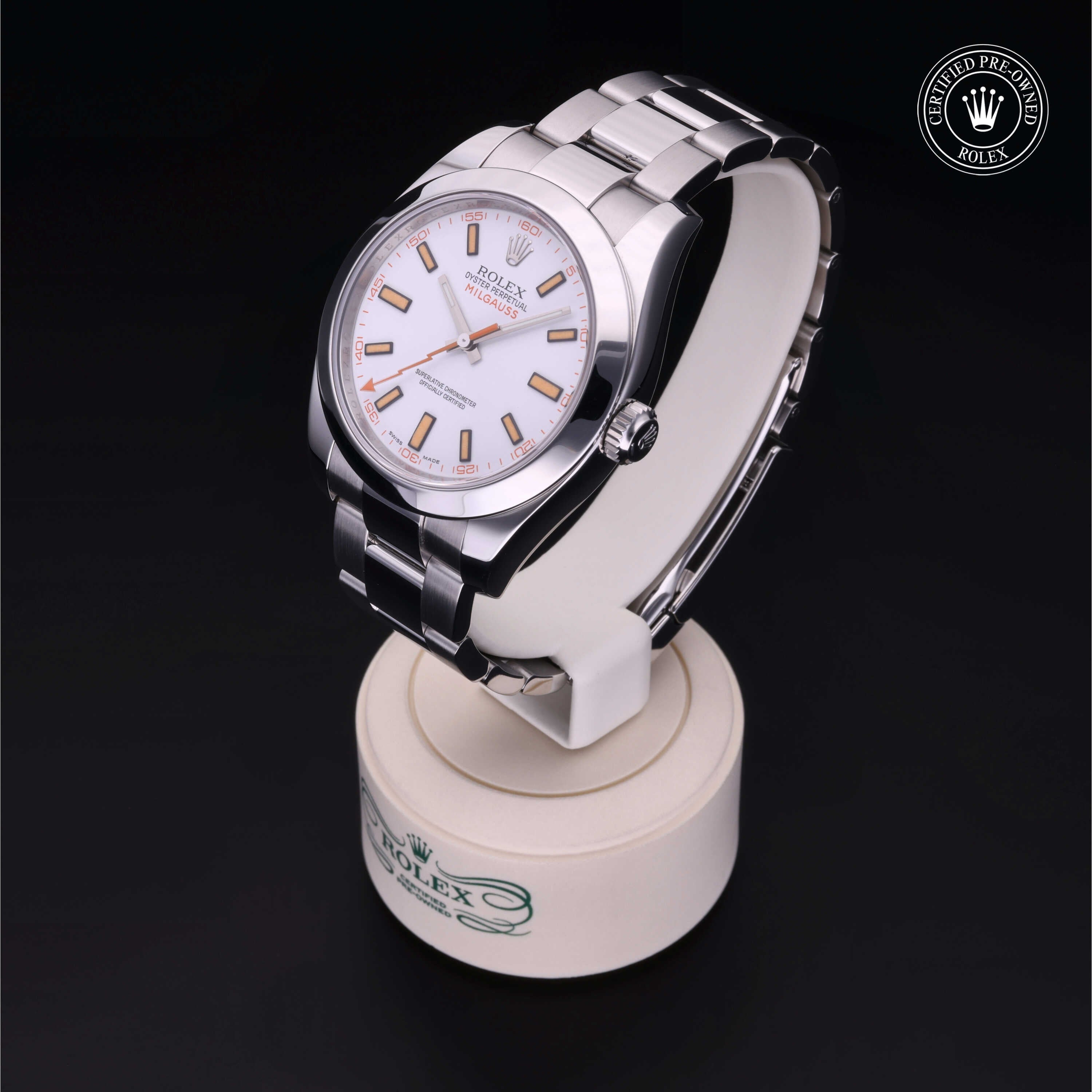 Rolex Certified Pre-owned Milgauss M116400-0002 front on black background