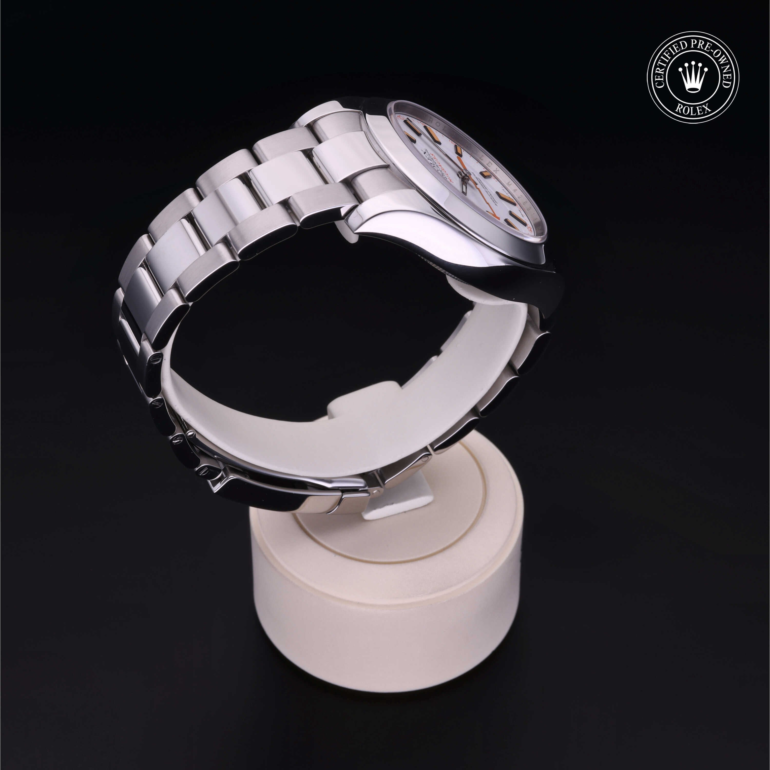 Rolex Certified Pre-owned Milgauss M116400-0002 front on black background