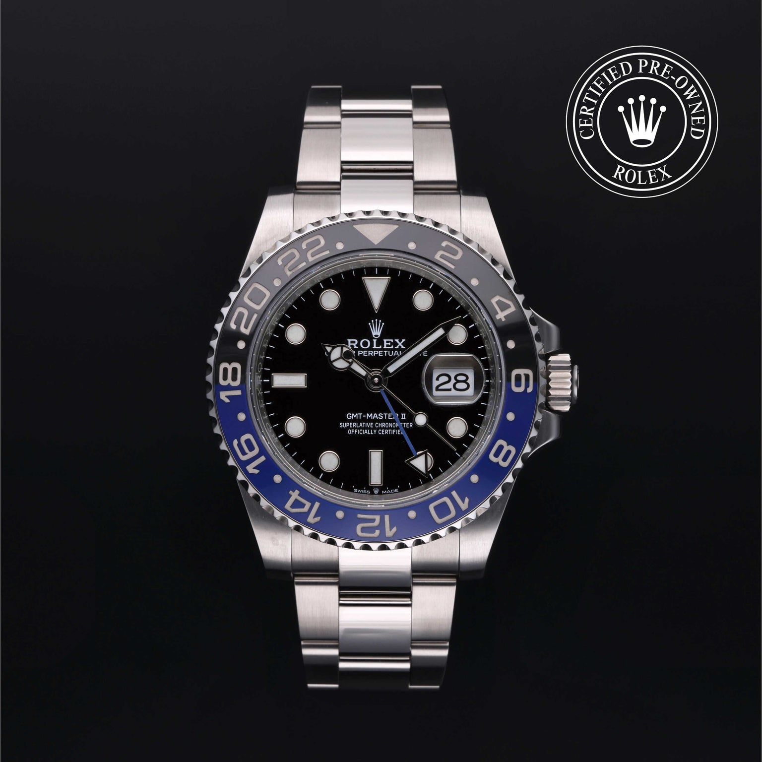Rolex Certified Pre-owned GMT M126710BLNR-0003 front on black background