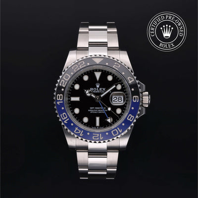 Rolex Certified Pre-owned GMT M126710BLNR-0003 front on black background