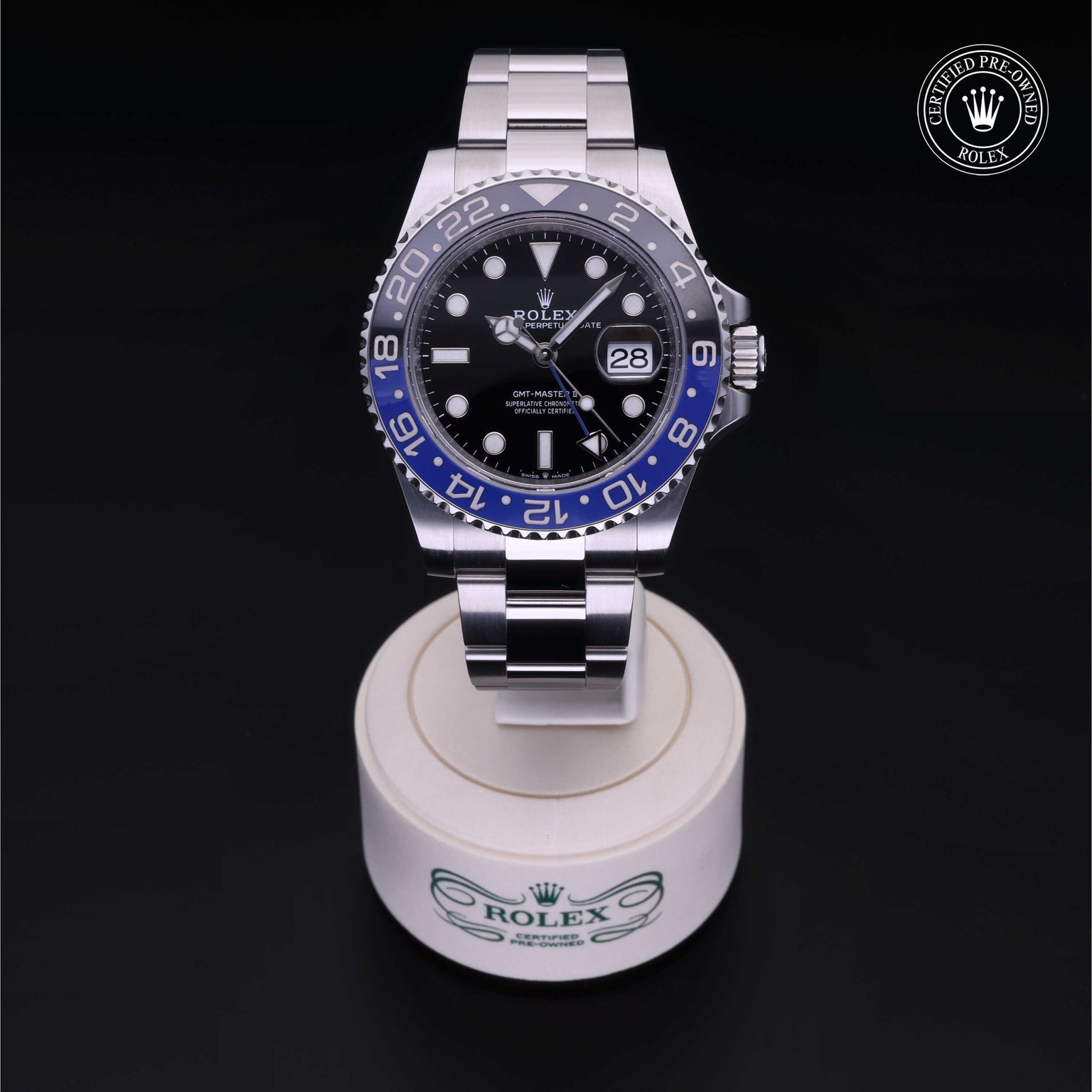 Rolex Certified Pre-owned GMT M126710BLNR-0003 front on black background